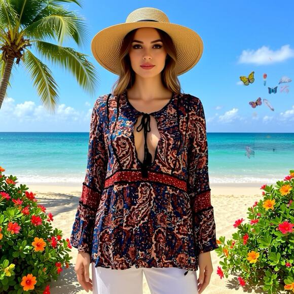 American Eagle Outfitters Tops - American Eagle Top Women L Smocked Brown Floral Bell Sleeve Y2K CottageCore Boho